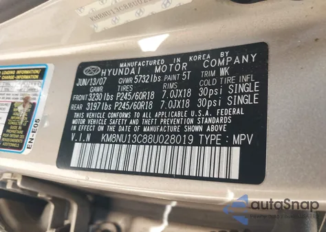 2008 Hyundai Veracruz Gls/Limited/Se z USA, uszkodzony, nr VIN KM8NU13C88U028019